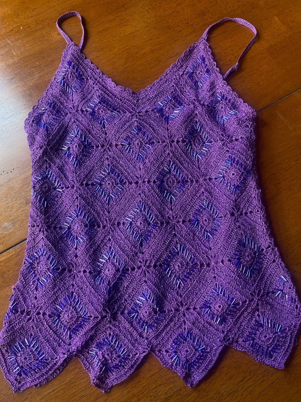 Vintage Purple Beaded Crochet Knit Spaghetti Strap Tank Top